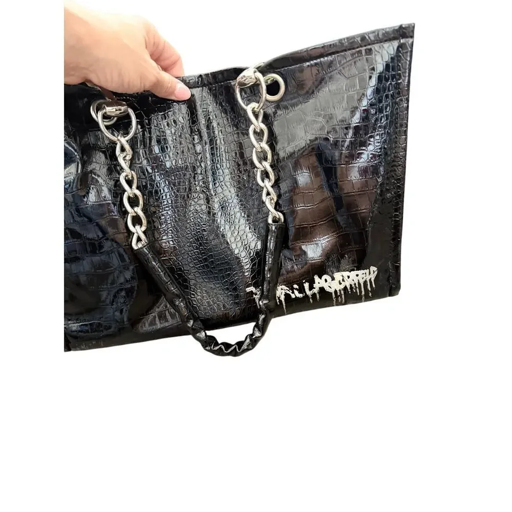 Karl Lagerfeld Handbag Black Croc Patent Leather Chain-Link Handles Tote